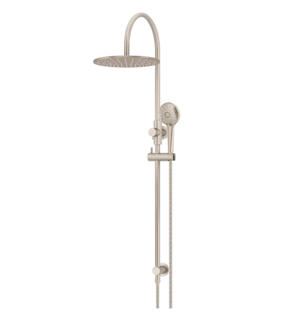 Meir 300mm Round Gooseneck Overhead Shower Rail, Three Function Hand Shower, Champagne