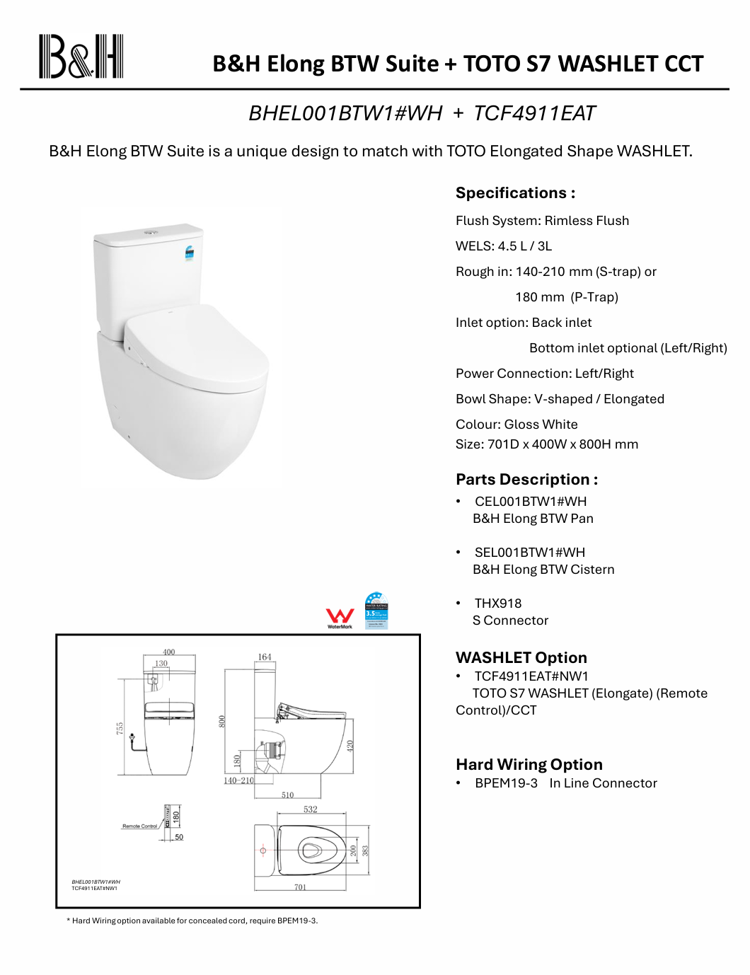B&H Elong BTW Suite + TOTO S7 Washlet Elongated Shape (BHEL001BTW1#WH + TCF4911GAU)