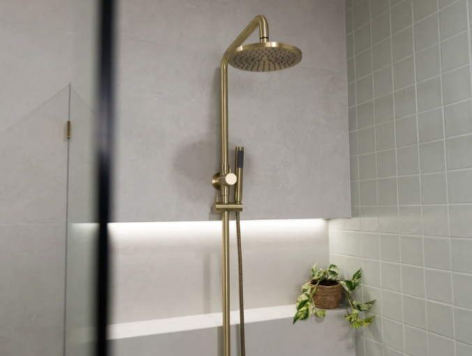 Meir Round Combination Shower Rail 200mm Rose, Single Function Hand Shower, Tiger Bronze