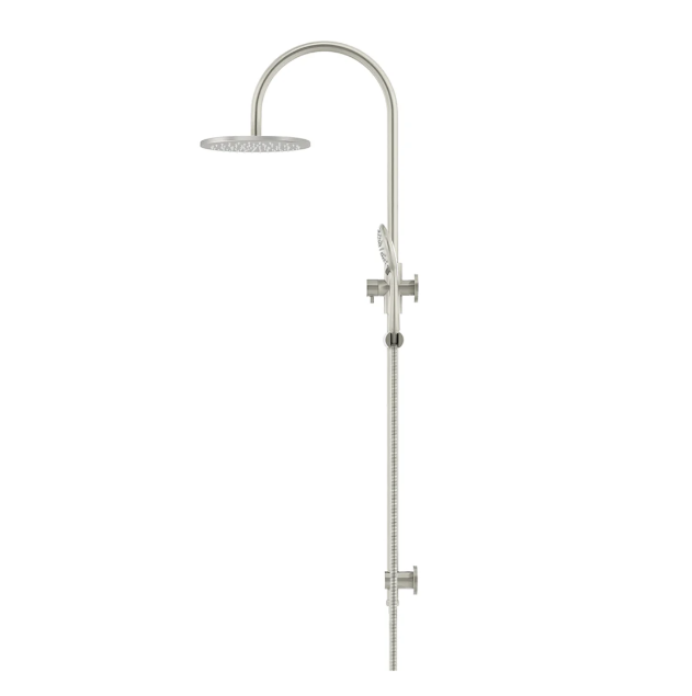 Meir 200mm Round Gooseneck Overhead Shower Rail, Three Function Hand Shower, Brushed Nickel