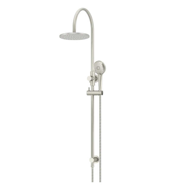 Meir 200mm Round Gooseneck Overhead Shower Rail, Three Function Hand Shower, Brushed Nickel