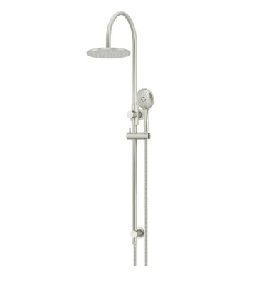 Meir 200mm Round Gooseneck Overhead Shower Rail, Three Function Hand Shower, Brushed Nickel