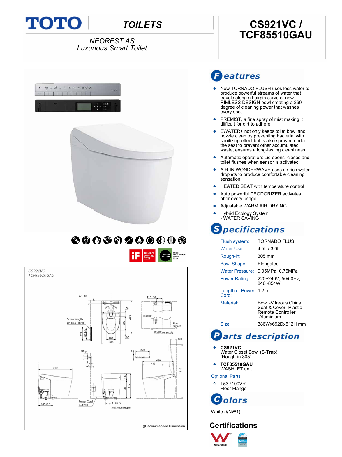 TOTO Neorest AS Luxurious Smart Toilet (CS921VC/TCF85510GAU)