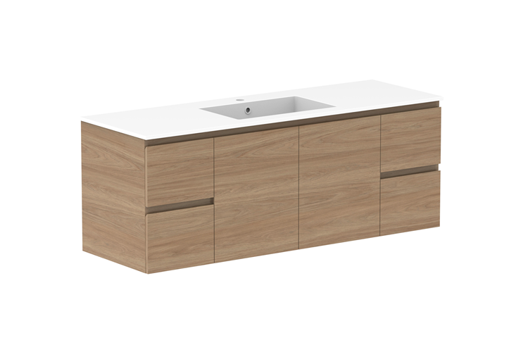 ADP Glacier Door & Drawer Twin Wall Hung Vanity - 1500mm / Cast Marble Moulded Top / Centre Bowl