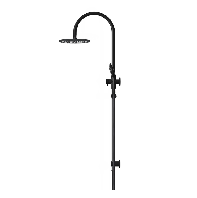 Meir 200mm Round Gooseneck Overhead Shower Rail, Three Function Hand Shower, Matte Black