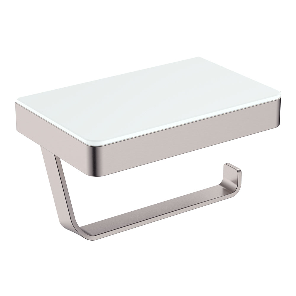 Fienza Tono Toilet Roll Holder with Glass Shelf Sus305/White, Brushed Nickel