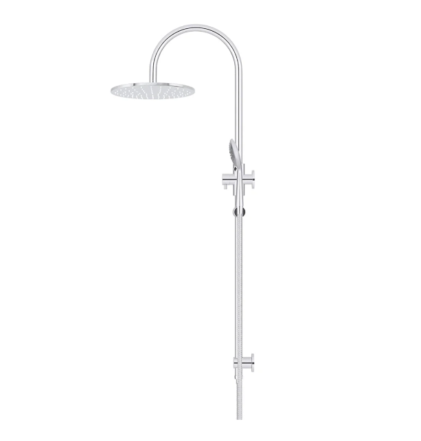 Meir 300mm Round Gooseneck Overhead Shower Rail, Three Function Hand Shower, Polished Chrome