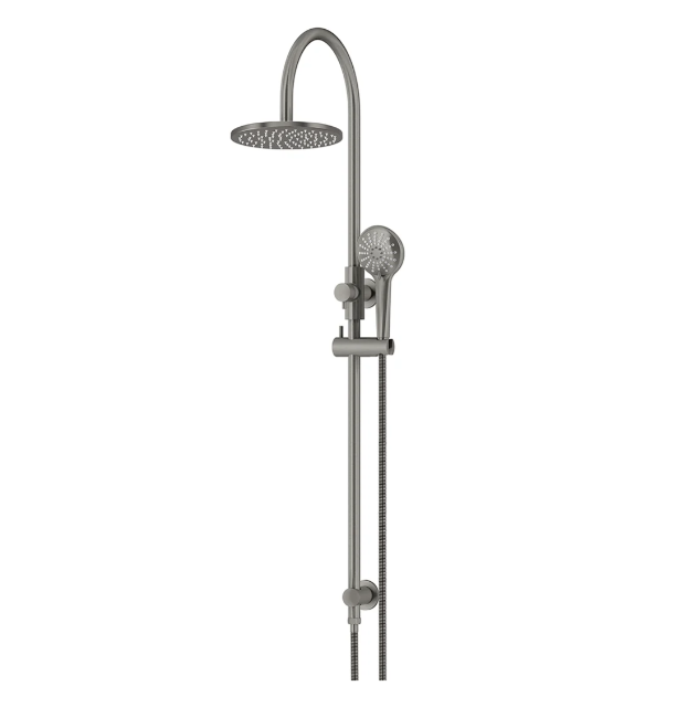 Meir 200mm Round Gooseneck Overhead Shower Rail, Three Function Hand Shower, Shadow