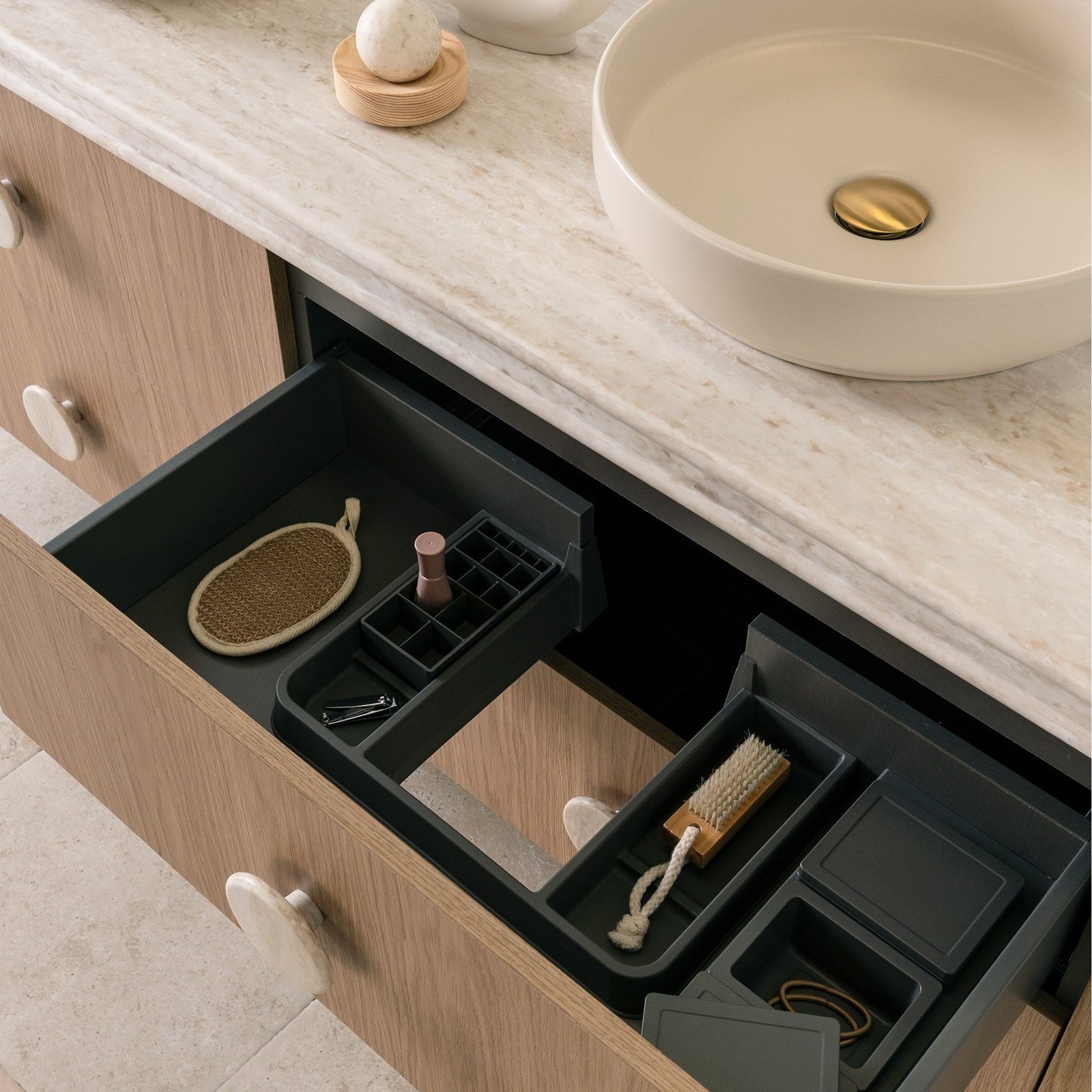 ADP Deluxe solid-sided drawers in premium graphite. Includes 1 x Como Small & 1 x Como Large drawer organiser.

