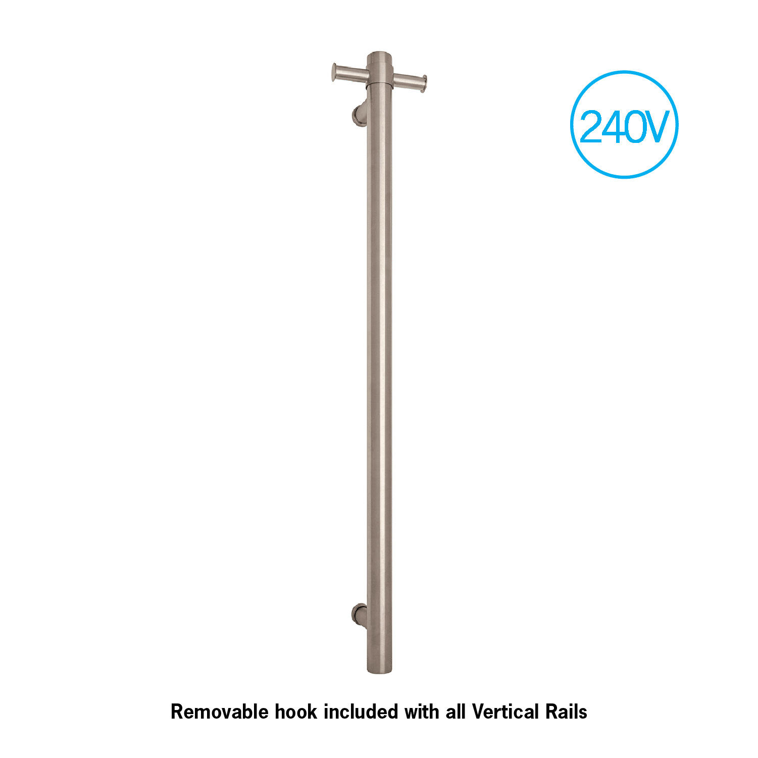 Thermogroup Thermorail Straight/Round 240Volt Vertical Bar 900x142x100mm 20Watt With Optional Hook - Brushed, Brushed Stainless Steel