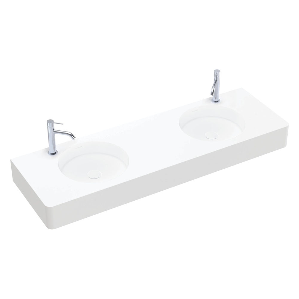 Fienza Encanto 1400 Solid Surface Wall Hung Double Basin with Overflow 2TH, Matte White