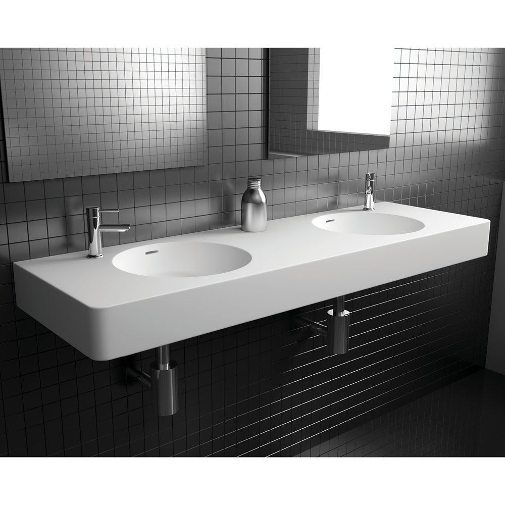 Fienza Encanto 1400 Solid Surface Wall Hung Double Basin with Overflow 2TH, Matte White