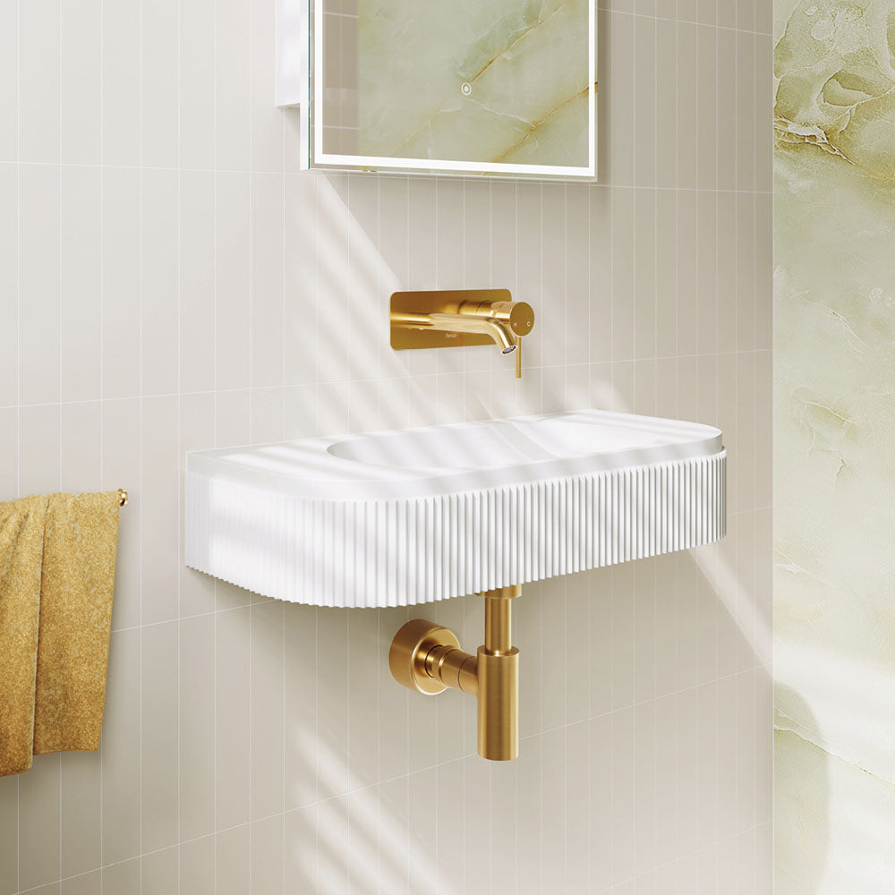 Fienza Minka Fluted Wall Hung Solid Surface Basin NTH 650 x 270 x 120mm, Matte White
