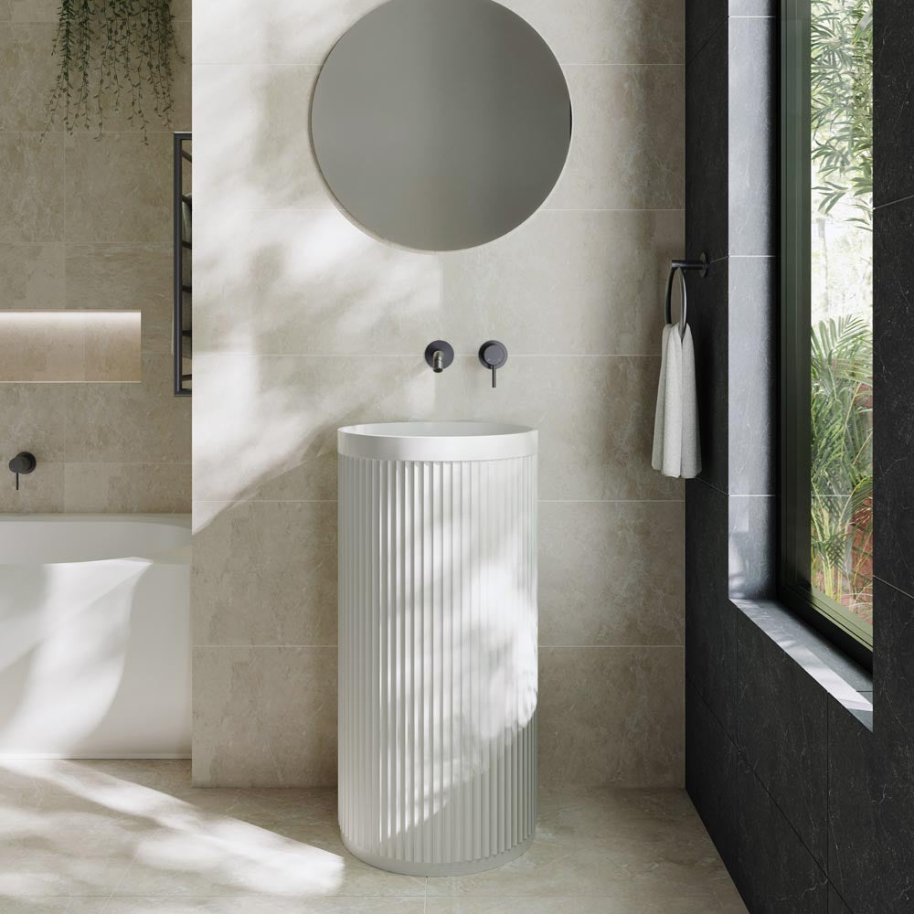 Fienza Minka Fluted Freestanding Solid Surface Basin 450 x 450 x 900mm, Matte White