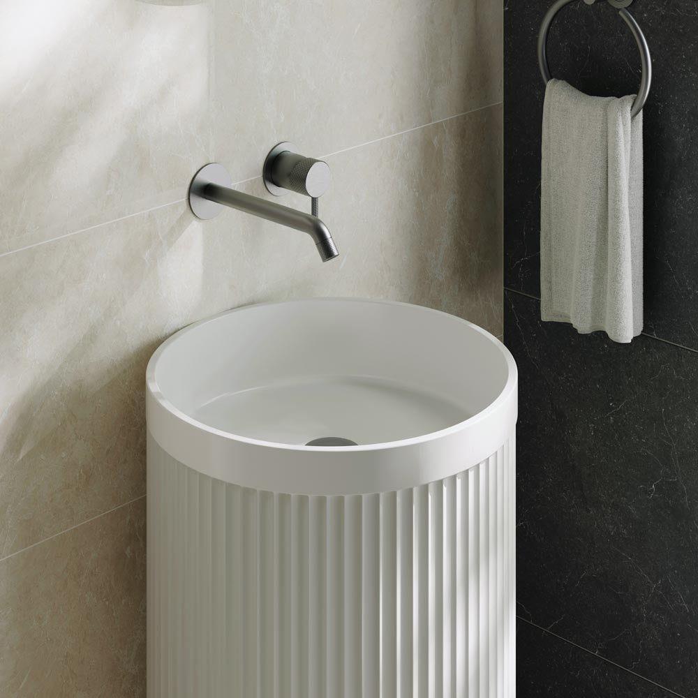 Fienza Minka Fluted Freestanding Solid Surface Basin 450 x 450 x 900mm, Matte White