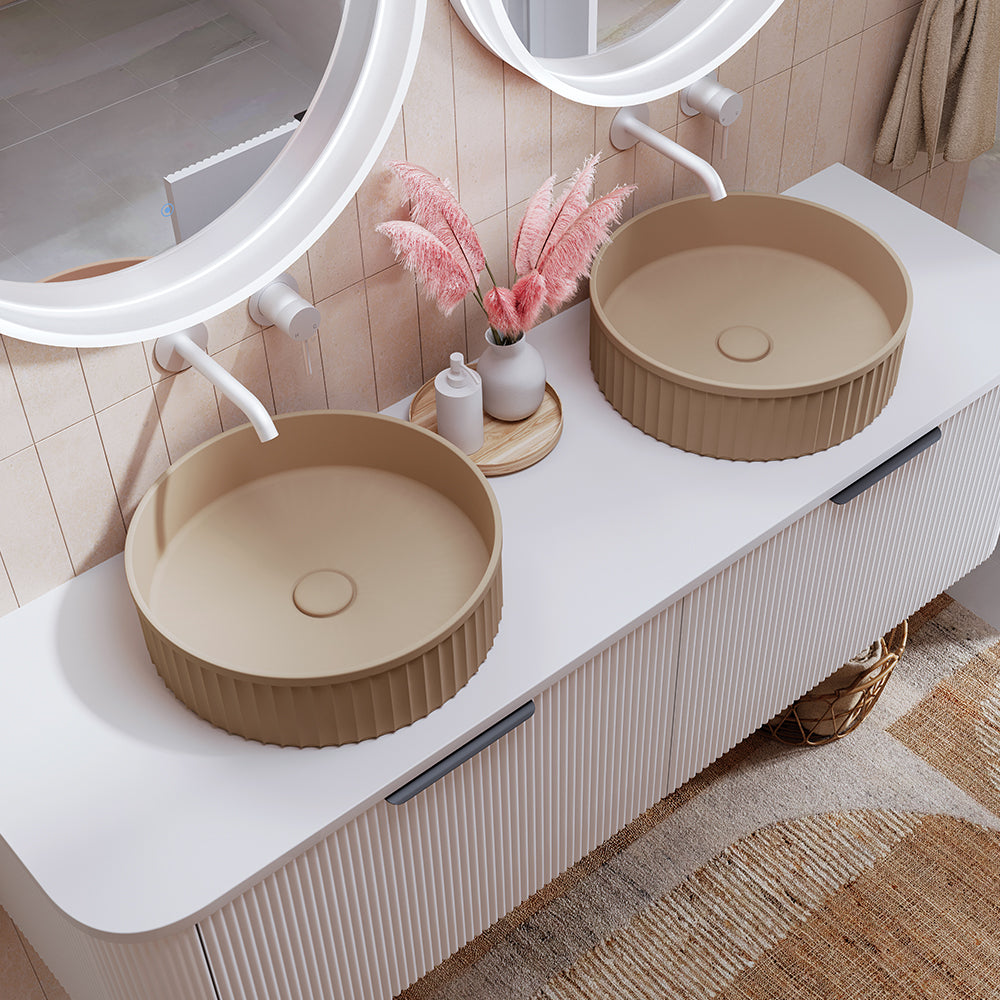 Fienza Minka Fluted Round Solid Surface Basin Dusk 400 x 400 x 120mm, Matte White