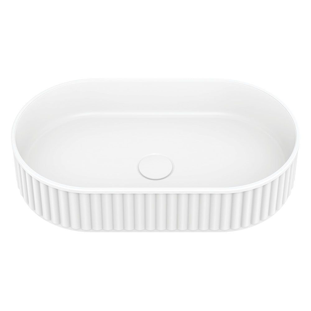 Fienza Minka Fluted Pill Shaped Solid Surface Basin 550 x 340 x 120mm, Matte White