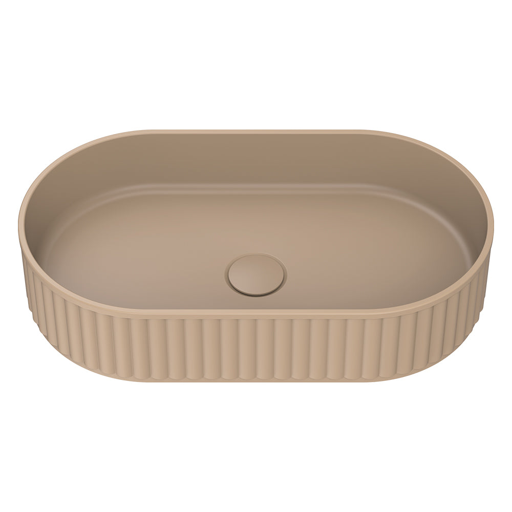 Fienza Minka Fluted Pill Shaped Solid Surface Basin Dusk 550 x 340 x 120mm, Matte White