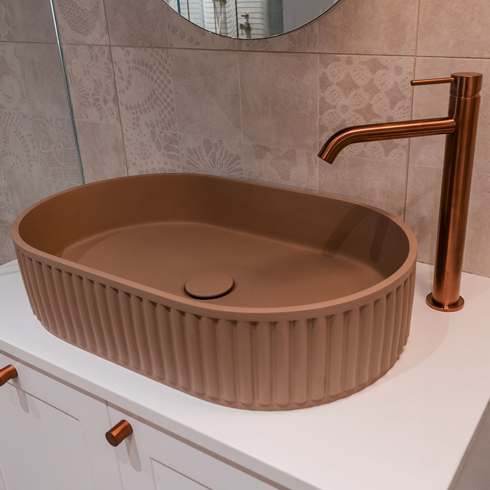 Fienza Minka Fluted Pill Shaped Solid Surface Basin Dusk 550 x 340 x 120mm, Matte White