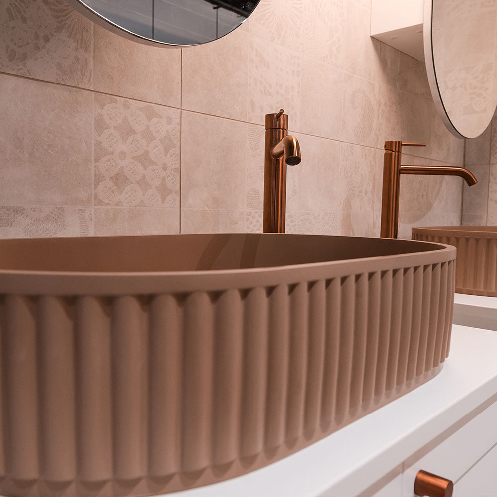 Fienza Minka Fluted Pill Shaped Solid Surface Basin Dusk 550 x 340 x 120mm, Matte White