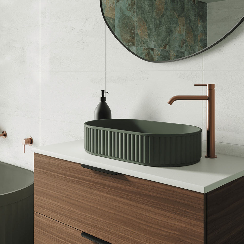 Fienza Minka Fluted Pill Shaped Solid Surface Basin Forest 550 x 340 x 120mm, Matte White