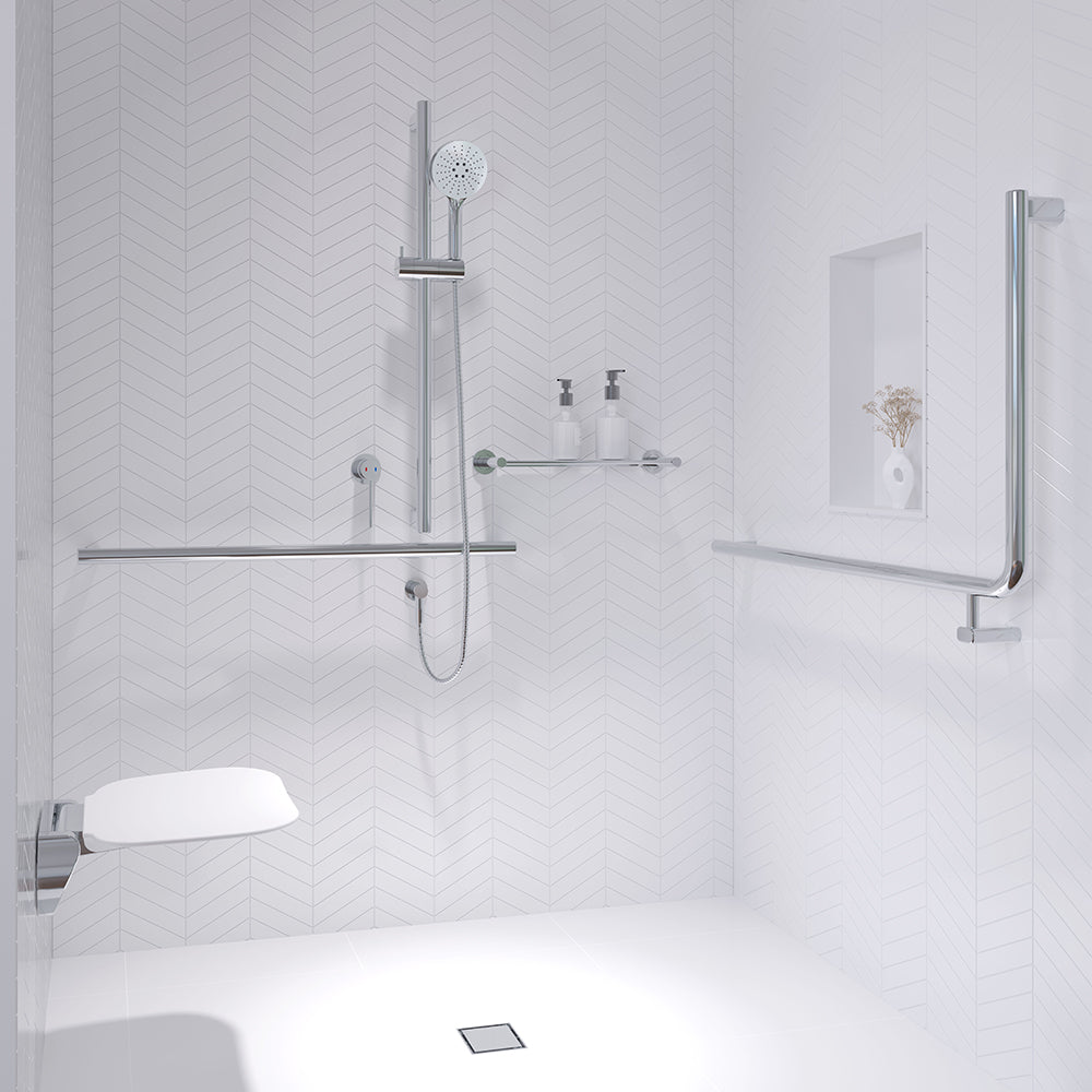 Fienza Care Rail 90° Left Hand 835x573x32 (3Pts), Polished Stainless Steel