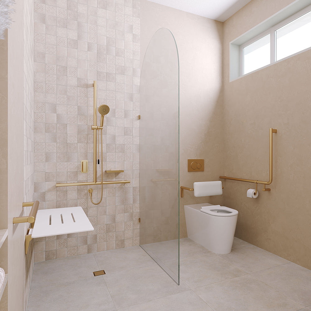 Fienza Care Rail 90° Left Hand 835x573x32 (3Pts), Urban Brass