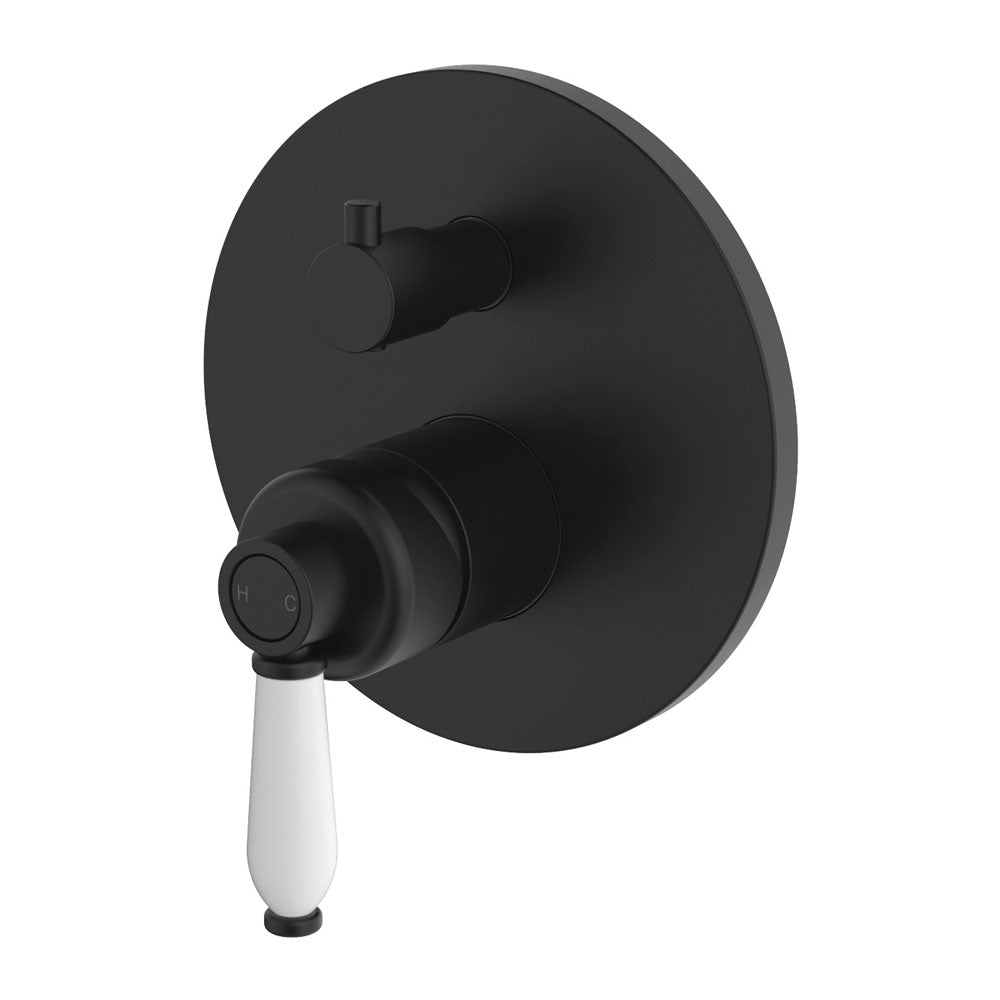 Fienza Eleanor Wall Mixer Diverter, Matte Black White Handle
