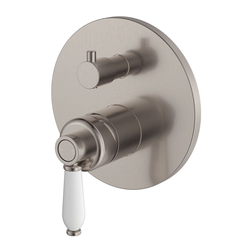 Fienza Eleanor Wall Mixer Diverter, Brushed Nickel White Handle