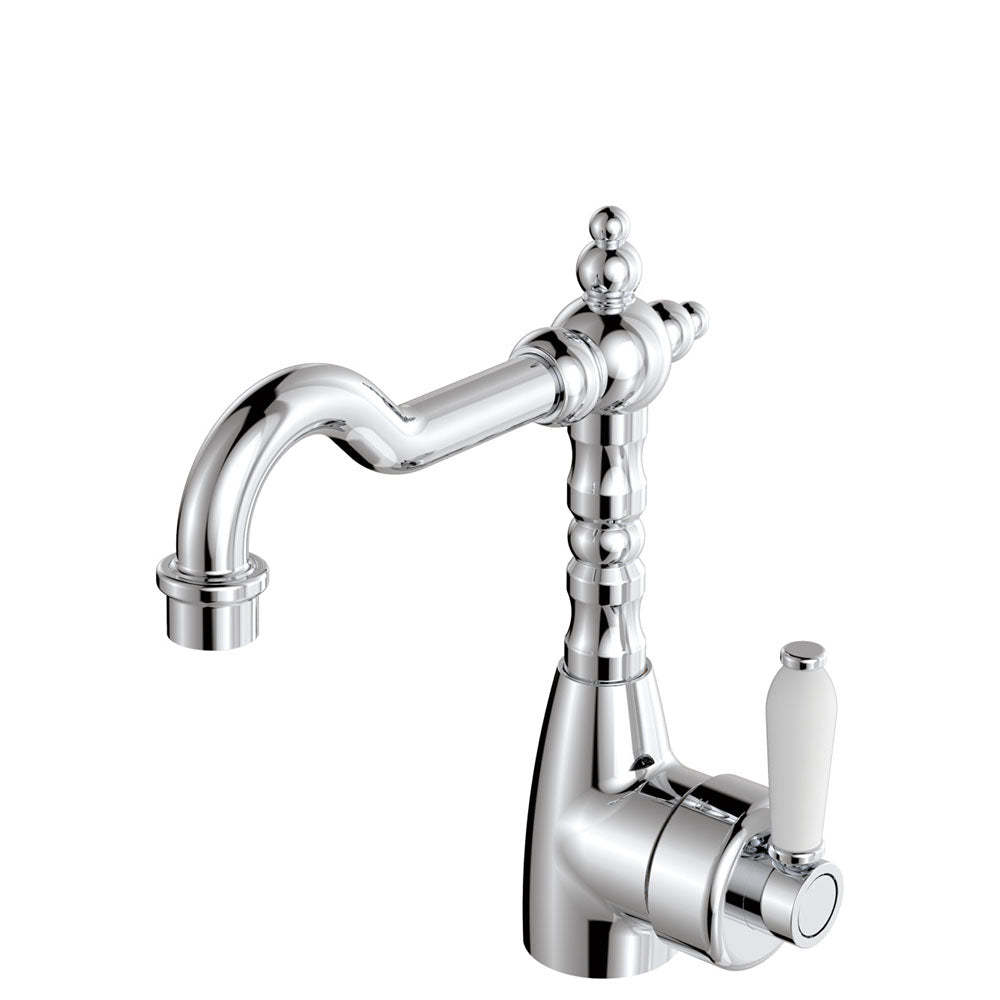 Fienza Eleanor Shepherd's Crook Basin Mixer, Chrome White Handle