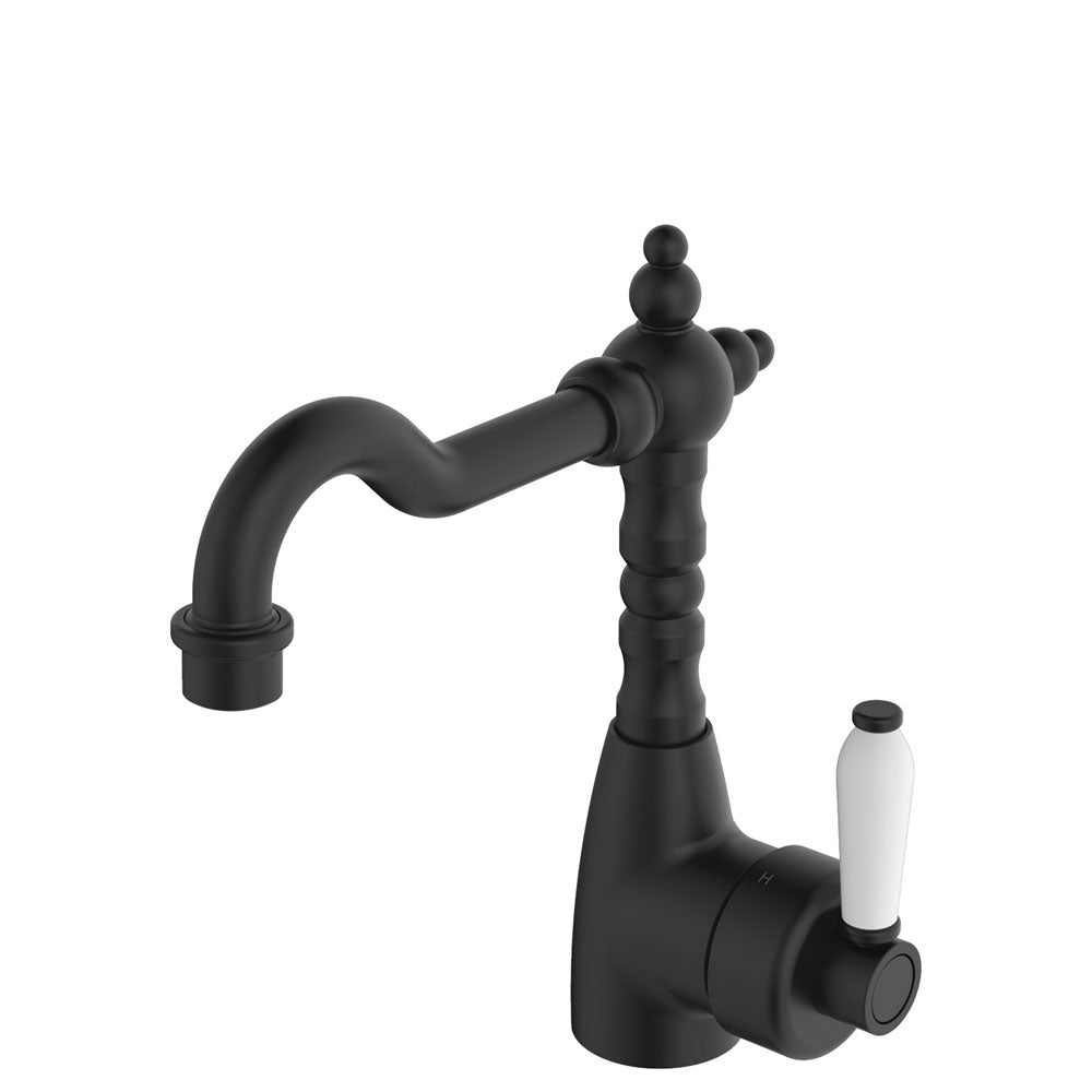 Fienza Eleanor Shepherd's Crook Basin Mixer, Matte Black White Handle