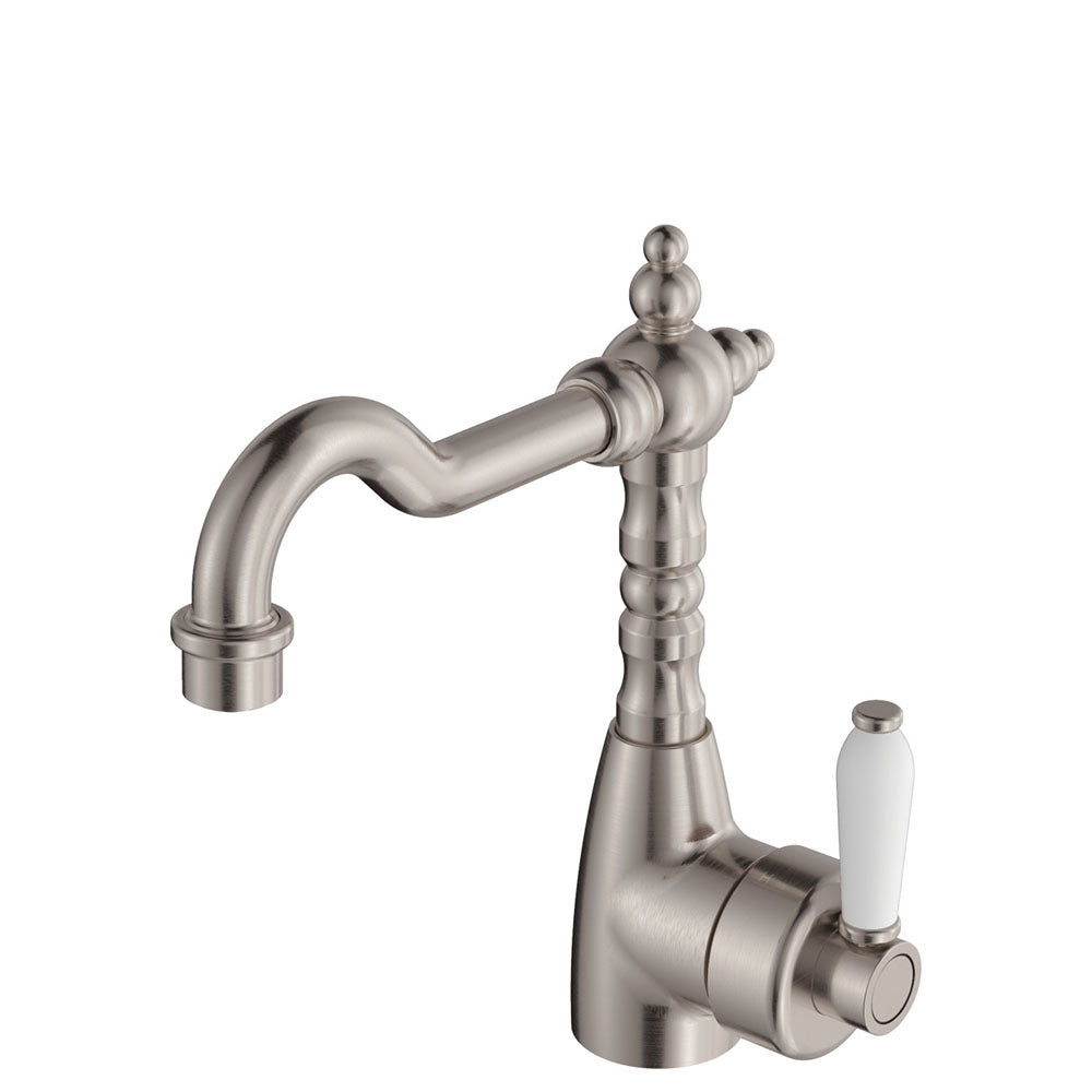 Fienza Eleanor Basin Mixer With Shepherd's Crook, Brushed Nickel White Handle