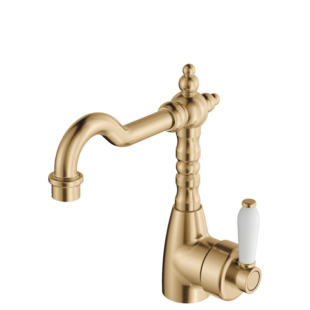 Fienza Eleanor Basin Mixer With Shepherd's Crook, Urban Brass White Handle