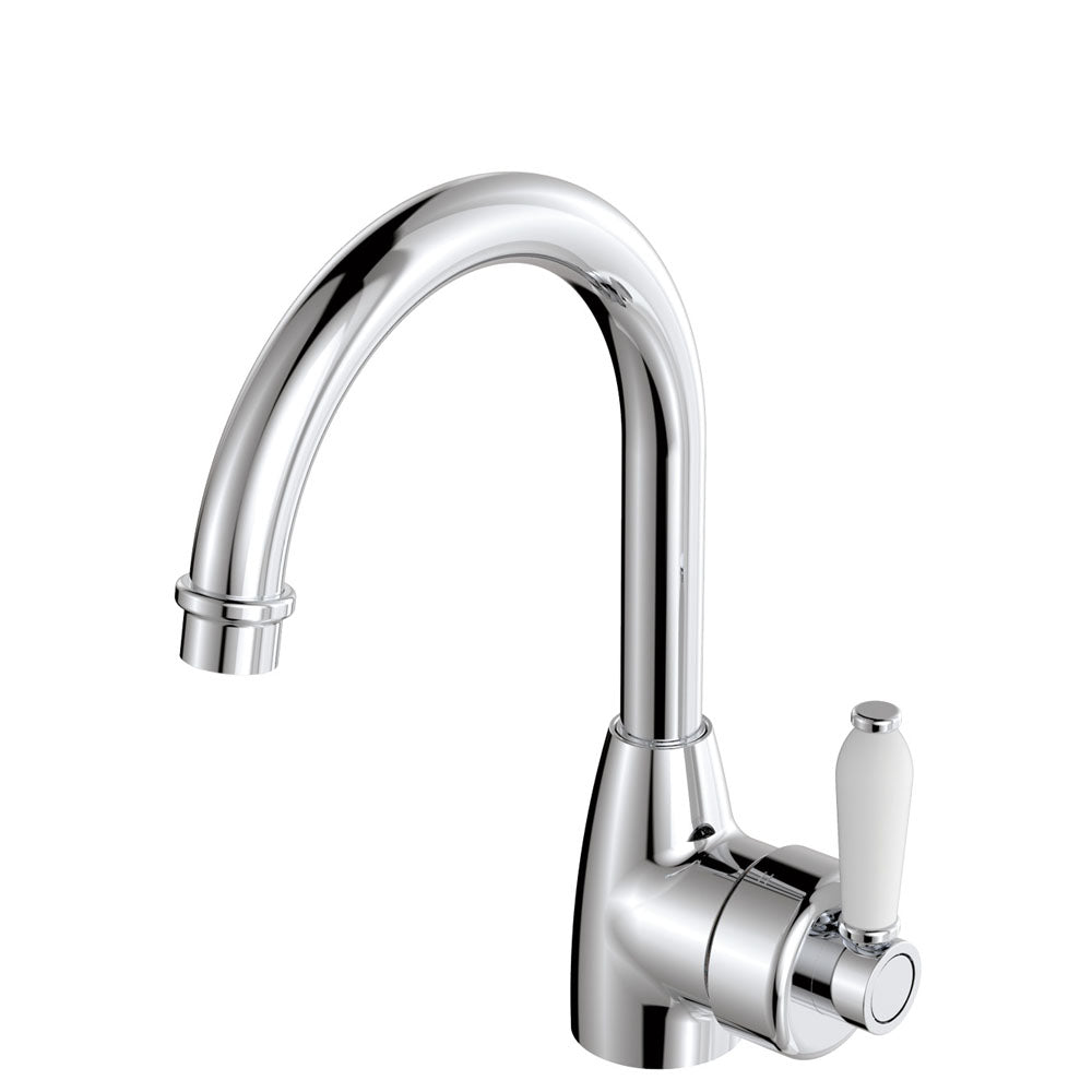 Fienza Eleanor Gooseneck Basin Mixer, Chrome White Handle