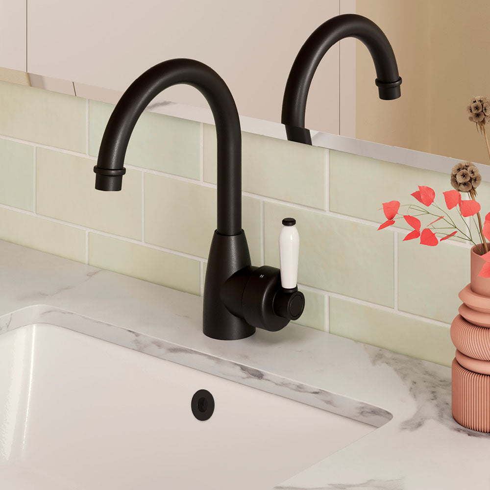 Fienza Eleanor Gooseneck Basin Mixer, Matte Black White Handle
