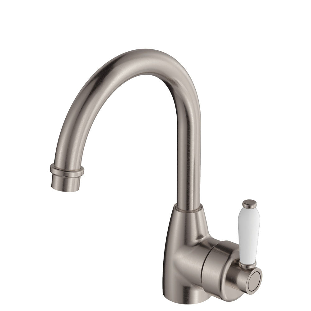 Fienza Eleanor Gooseneck Basin Mixer, Brushed Nickel White Handle