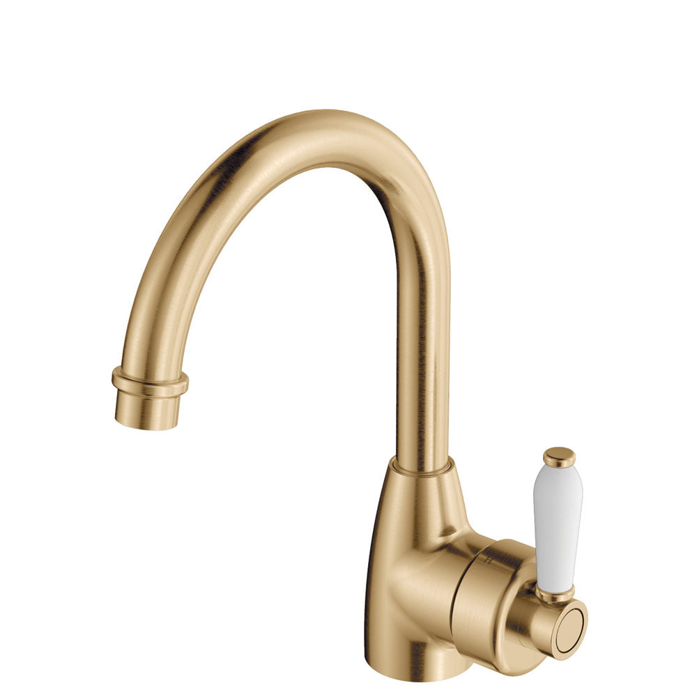 Fienza Eleanor Gooseneck Basin Mixer, Urban Brass White Handle