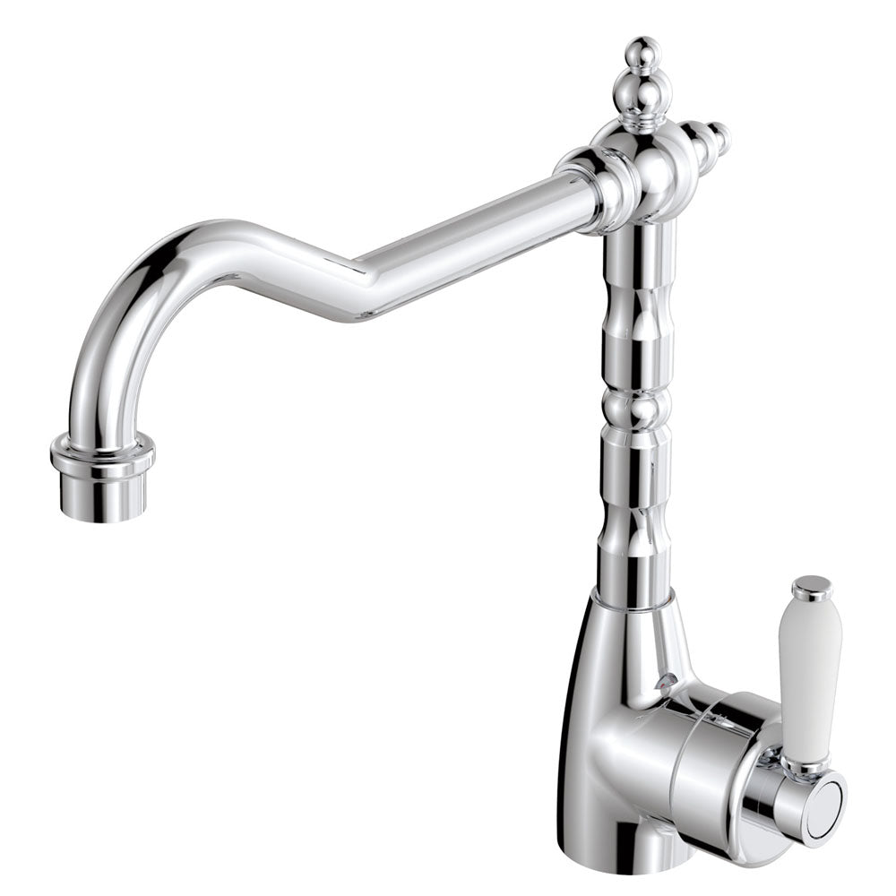 Fienza Eleanor Shepherd's Crook Kitchen Sink Mixer, Chrome White Handle