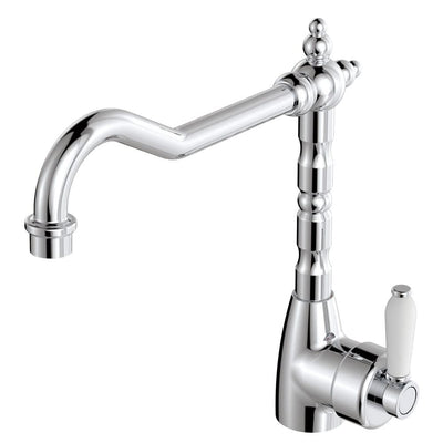 Fienza Eleanor Shepherd's Crook Kitchen Sink Mixer, Chrome White Handle