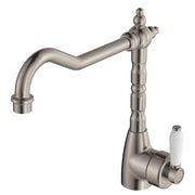 Fienza Eleanor Shepherd's Crook Kitchen Sink Mixer, Brushed Nickel White Handle