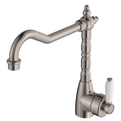 Fienza Eleanor Shepherd's Crook Kitchen Sink Mixer, Brushed Nickel White Handle
