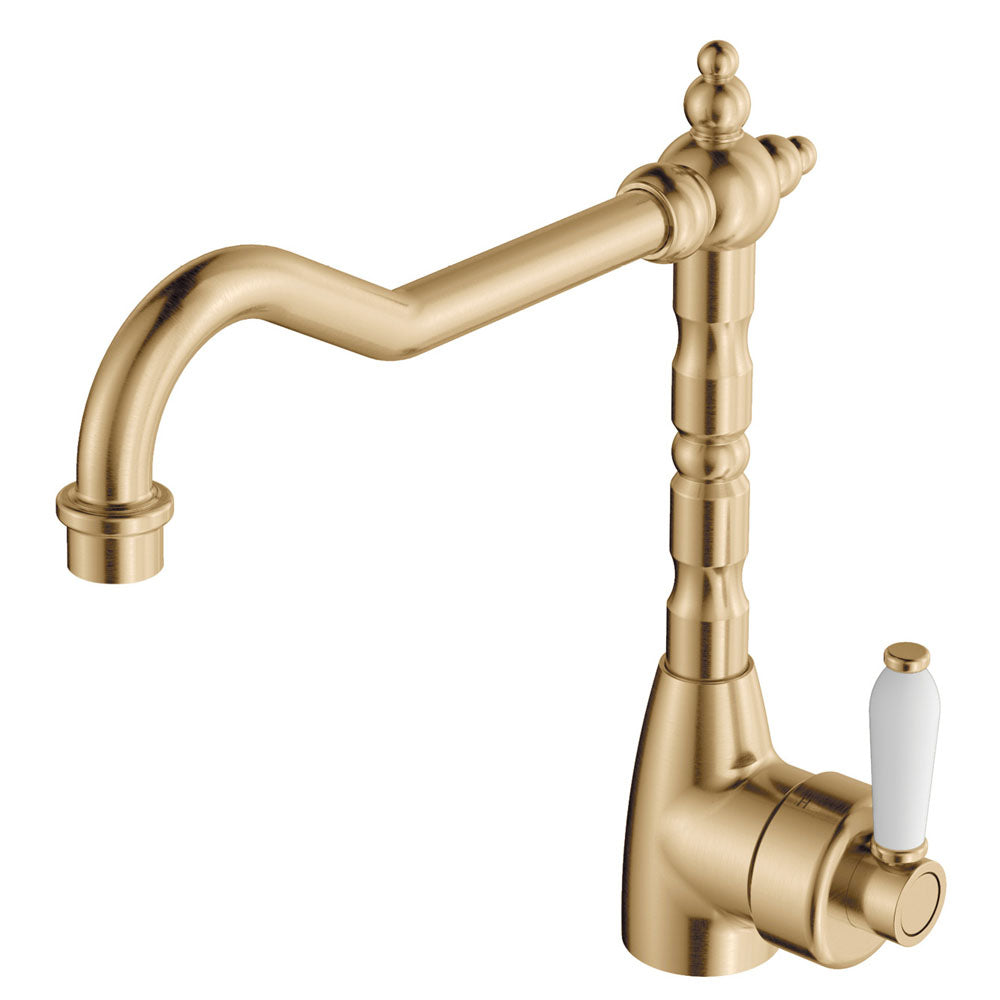 Fienza Eleanor Shepherd's Crook Kitchen Sink Mixer, Urban Brass White Handle