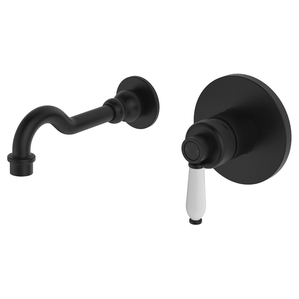 Fienza Eleanor Wall Mixer Basin/Bath Set 215mm Outlet, Matte Black White Handle
