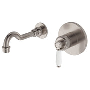 Fienza Eleanor Wall Mixer Basin/Bath Set 215mm Outlet, Brushed Nickel White Handle