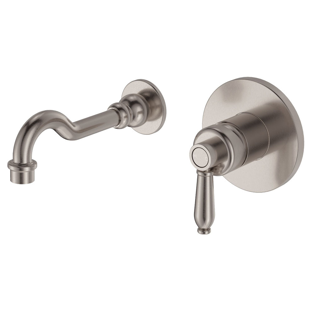 Fienza Eleanor Wall Mixer Basin/Bath Set 215mm Outlet, Brushed Nickel Handle