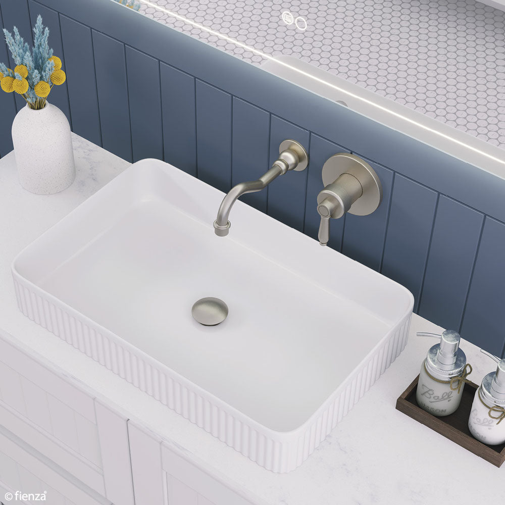 Fienza Eleanor Wall Mixer Basin/Bath Set 215mm Outlet, Brushed Nickel Handle
