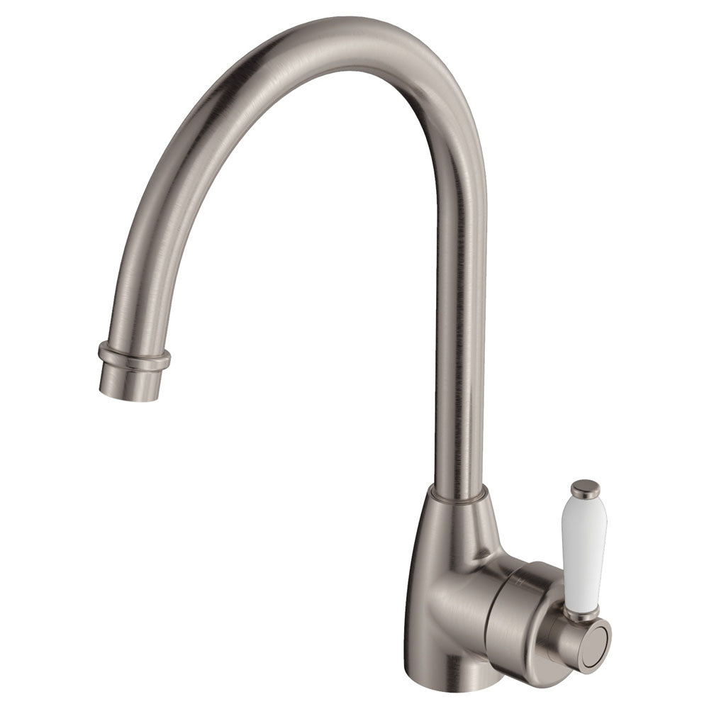 Fienza Eleanor Gooseneck Kitchen Mixer, Brushed Nickel White Handle