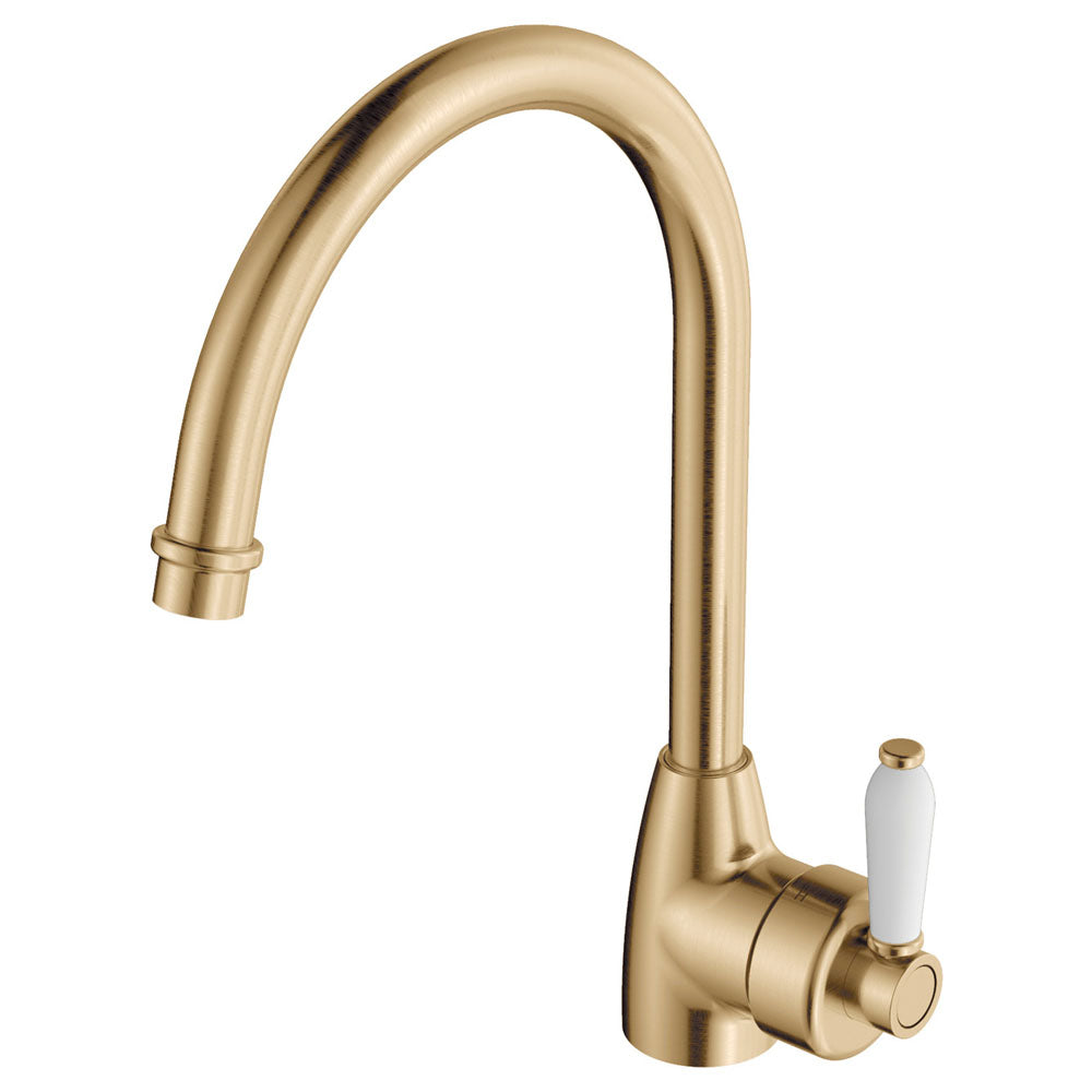 Fienza Eleanor Gooseneck Kitchen Mixer, Urban Brass White Handle