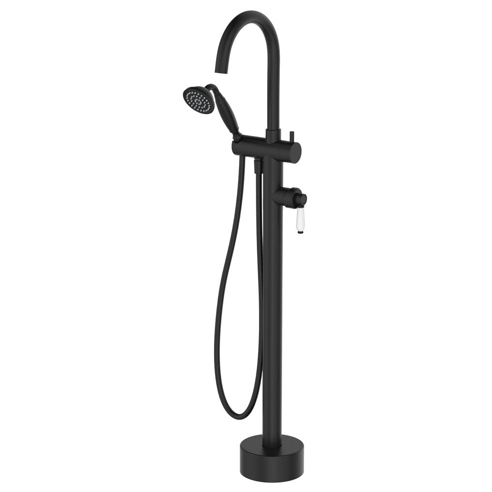 Fienza Eleanor Floor Mixer And Shower, Matte Black White Handle