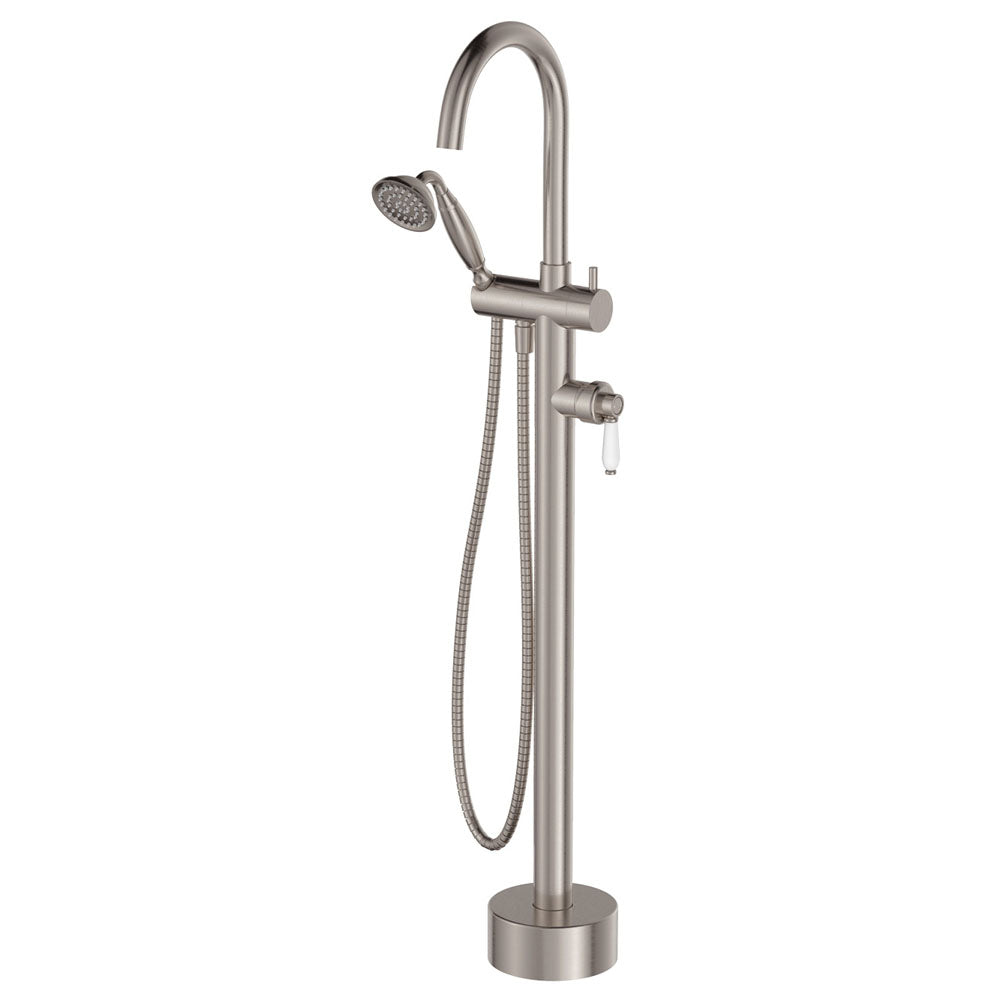 Fienza Eleanor Floor Mixer And Shower, Brushed Nickel White Handle